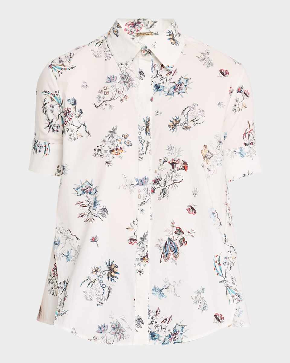 Floral-Print Poplin Short-Sleeve Trapeze Shirt